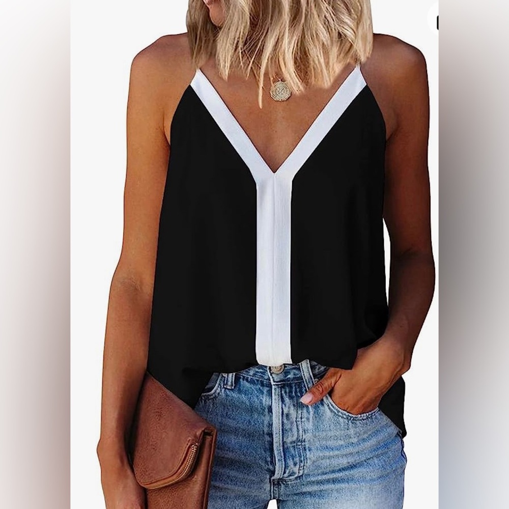 Women’s black V Neck Strappy Tank Tops Loose,size M,slimming white middle stripe